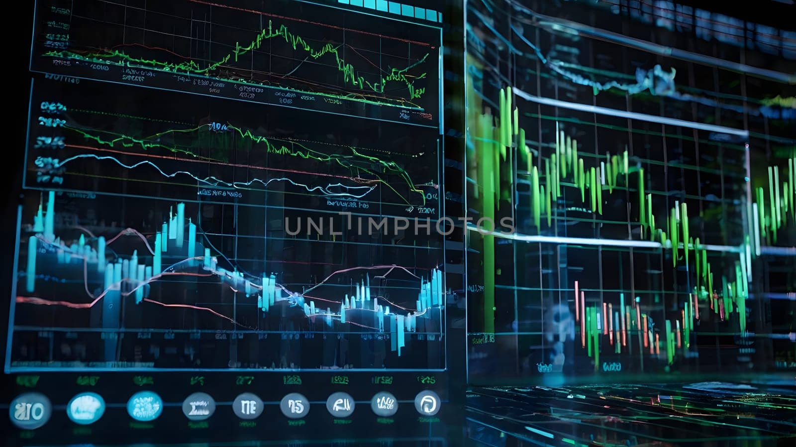 A close-up view of a computer screen displaying financial data, including multiple stock market charts with various indicators and technical analysis tools. The charts show a mixture of green and red lines, representing positive and negative price movements, illustrating the dynamic nature of the financial market.