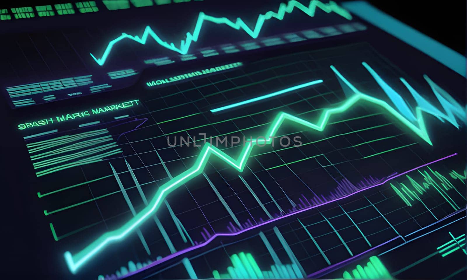 A close-up view of a computer screen displaying a green line chart against a black background. The chart depicts financial data, with multiple lines and gridlines present. The chart is in focus, while the surrounding background is blurred.