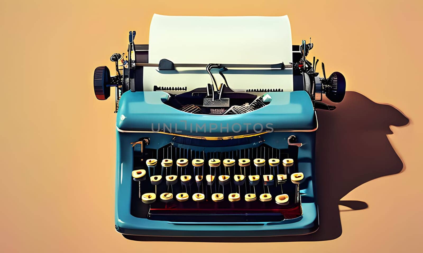 A vintage blue typewriter with a blank sheet of paper resting on the platen. The typewriter is positioned on a tan background and casts a long shadow to the right.