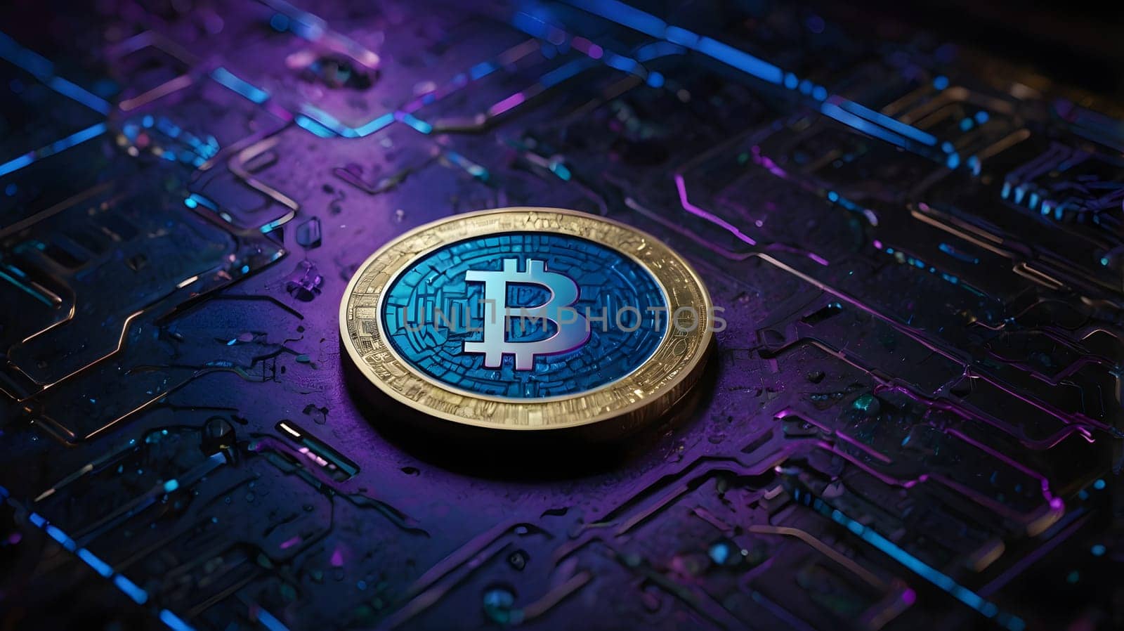 A gold and blue Bitcoin coin rests on a dark purple circuit board with blue and purple lighting. The coin's inscription is clear and the intricate details of the circuit board are visible.