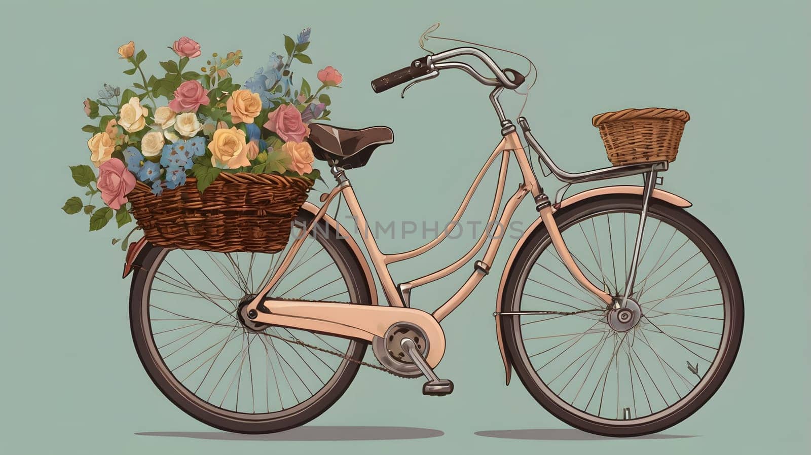 A vintage bicycle with a wicker basket overflowing with roses, blue flowers, and greenery. The bicycle is pink with a brown seat and brown handlebars. The background is a pale blue.