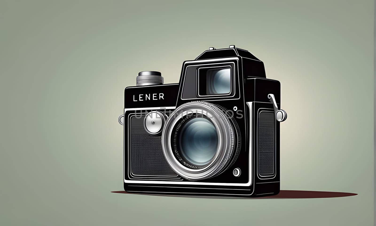An illustration of a vintage black camera with a silver lens, sitting on a green background. The camera has a brand name, Lener, on the front.