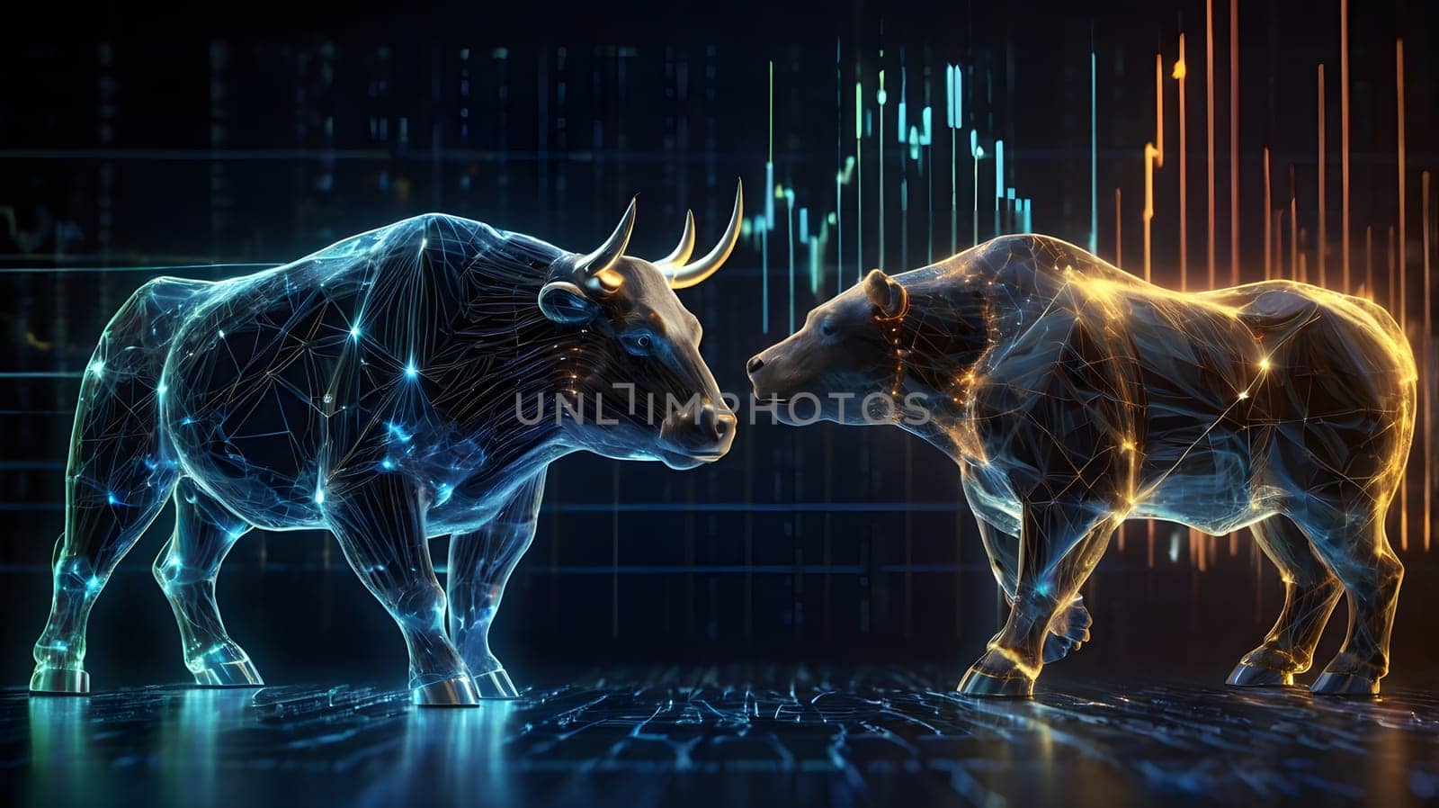 A stylized, digital bull and bear stand facing each other against a glowing background of a stock market chart. The bull is rendered in blue and green colors, while the bear is rendered in yellow and orange colors. The animals are composed of interwoven lines and dots, giving them a futuristic and technology-driven appearance.