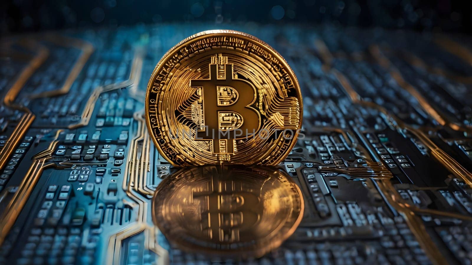 A single gold Bitcoin coin sits on a circuit board, its reflection visible below. The coin is in focus, with the circuit board slightly blurred in the background. The image suggests the digital nature of Bitcoin and its reliance on technology.