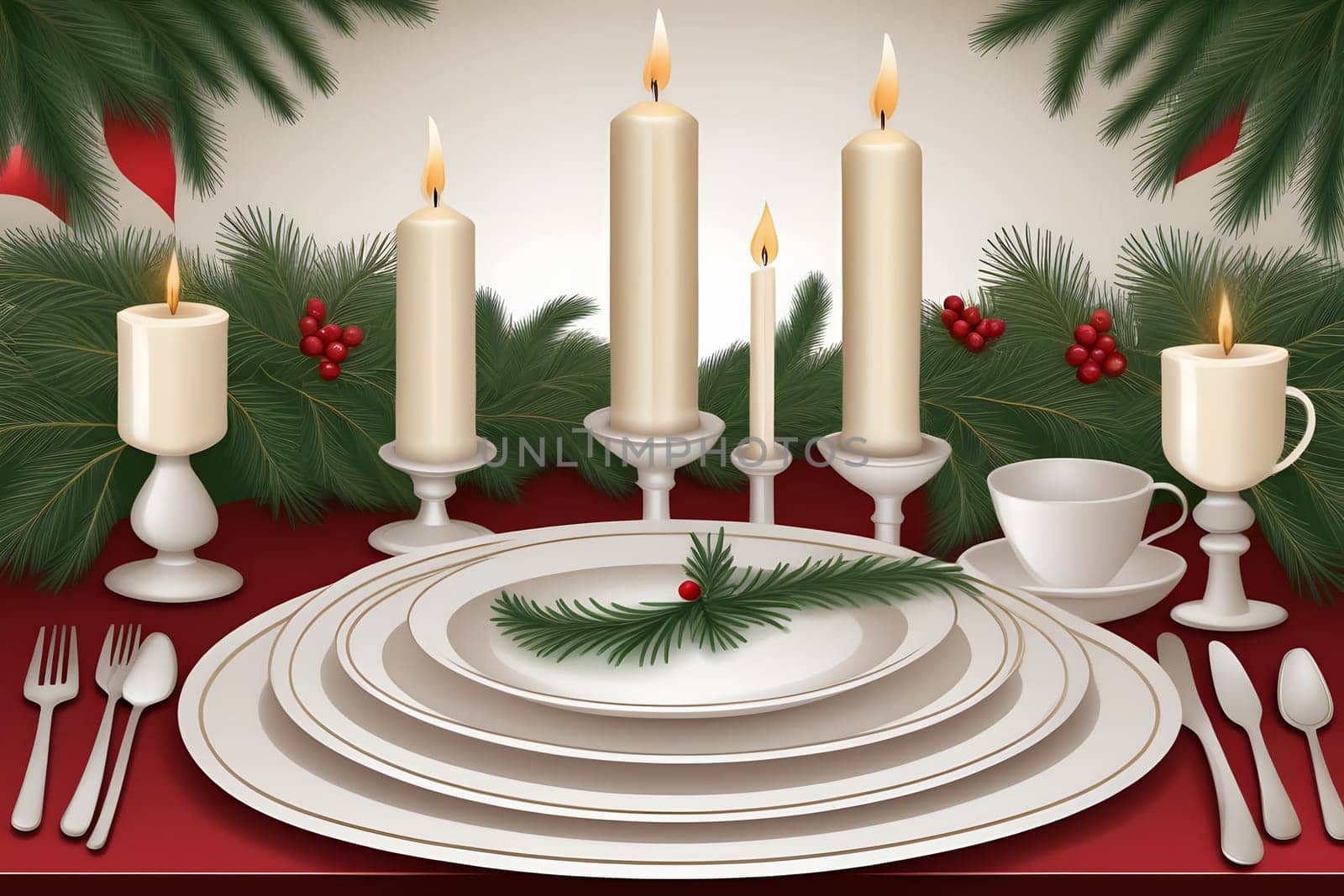 A Christmas table setting featuring a stack of white plates, a sprig of evergreen, and five lit candles in white candle holders. The table is decorated with a garland of evergreen and red berries, suggesting a festive holiday meal.