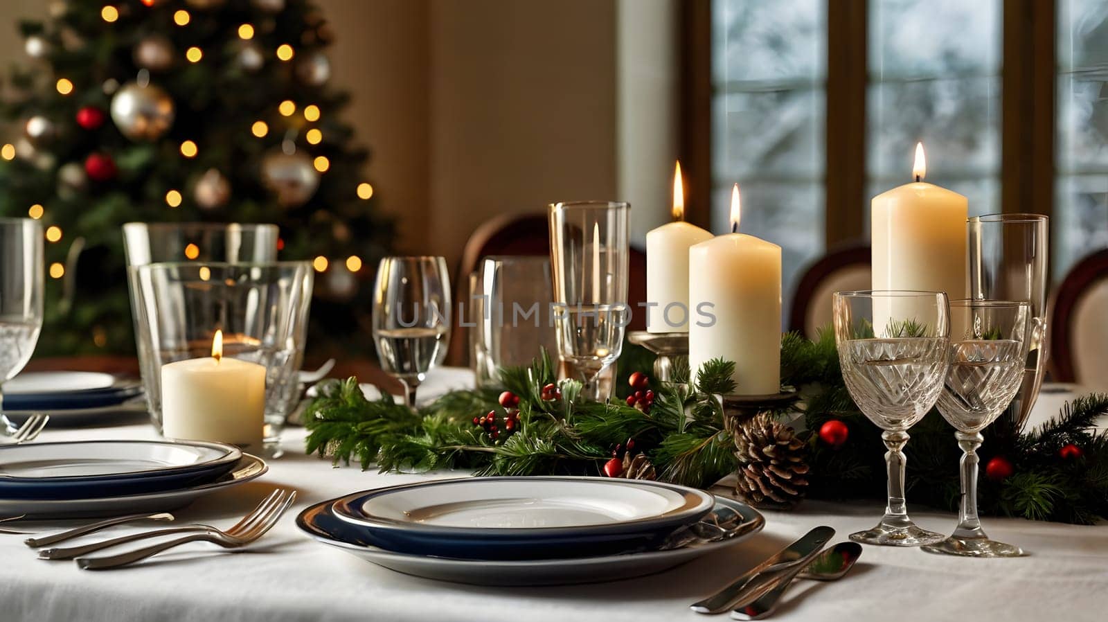 A white tablecloth with a blue-rimmed dinner plate setting sits next to a centerpiece of lit white candles, evergreen boughs, and red berries. The table is set with silver flatware and glasses filled with water. A decorated Christmas tree stands behind the table, adding a festive ambiance to the scene.