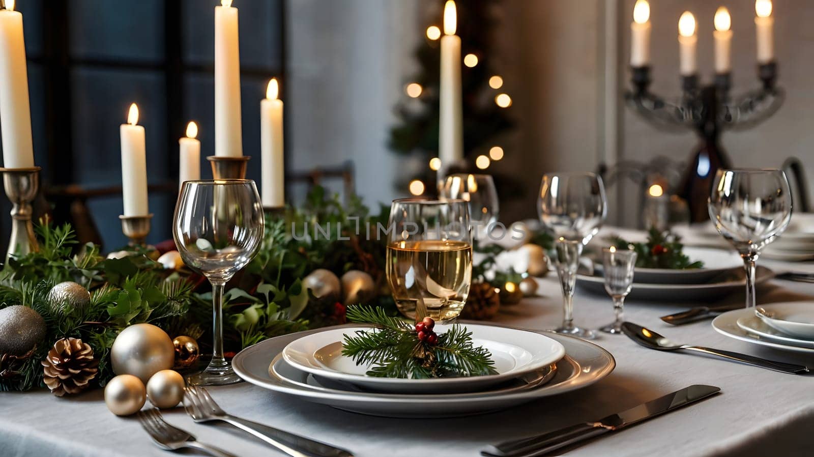 A beautifully set table with white candles, Christmas greenery, and silver ornaments. There are two wine glasses and a plate with a sprig of pine and a red berry. The tablecloth is a light gray, and the atmosphere is cozy and inviting.
