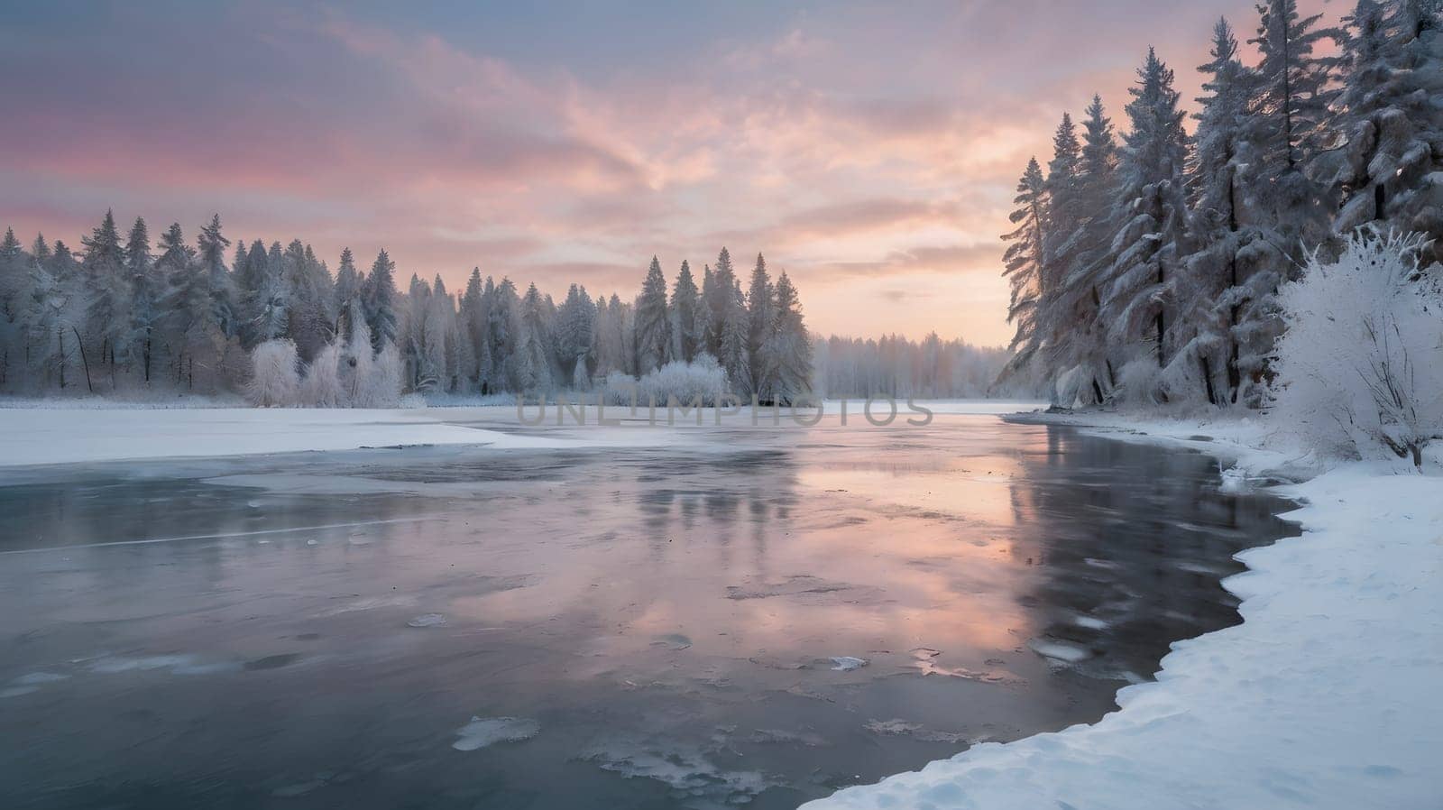 A frozen river winds through a snow-covered forest at sunrise. The pink hues of the dawn sky are reflected in the ice, creating a beautiful and peaceful scene. The trees are covered in snow, their branches reaching up to the sky.
