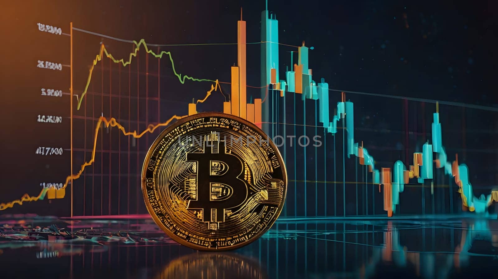 A physical Bitcoin coin sits on a reflective surface in front of a computer screen displaying a candlestick chart of cryptocurrency prices. The chart shows significant volatility, with both upward and downward price movements.