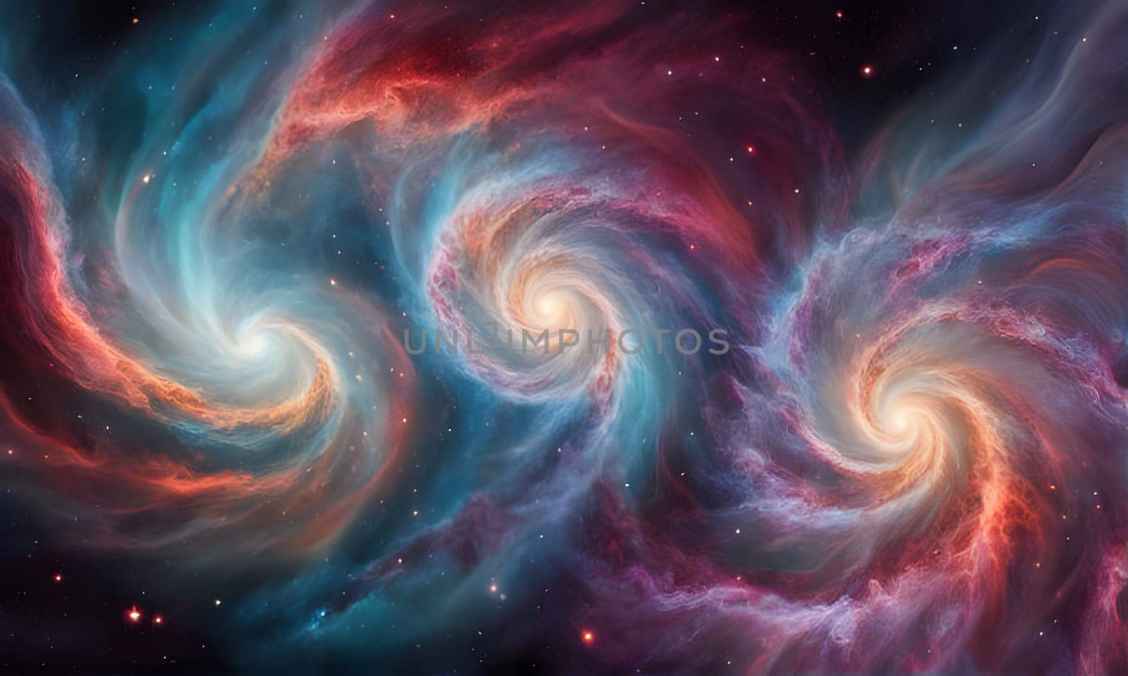 A colorful image of three spiral galaxies with swirling arms of gas and dust, lit by stars. The galaxies are a brilliant blue, pink, and red, and they are set against a black background studded with stars.