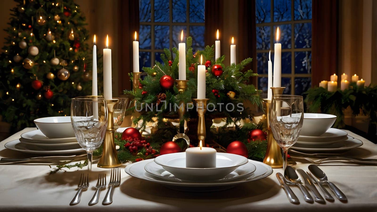 A table is set with white plates and silverware, centered with a centerpiece of evergreen boughs, red ornaments, and candles in gold candle holders. The candles cast a warm glow on the table, and a Christmas tree with twinkling lights is visible in the background.