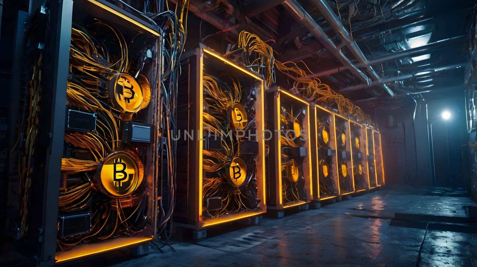 A row of servers in a dimly lit server room, each with a large Bitcoin symbol illuminated in yellow on the front. The servers are connected by a complex network of wires and cables, suggesting a high-powered operation. The room is likely a cryptocurrency mining facility, where the servers are working to validate blockchain transactions.
