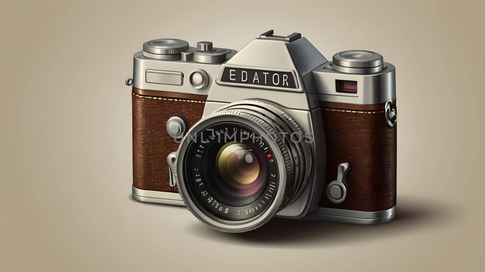 A close-up photograph of a vintage silver and brown camera with a leather finish. The camera has a large lens with a depth of field scale and a silver body with a leather trim. It appears to be a high-quality camera made for professionals or hobbyists.