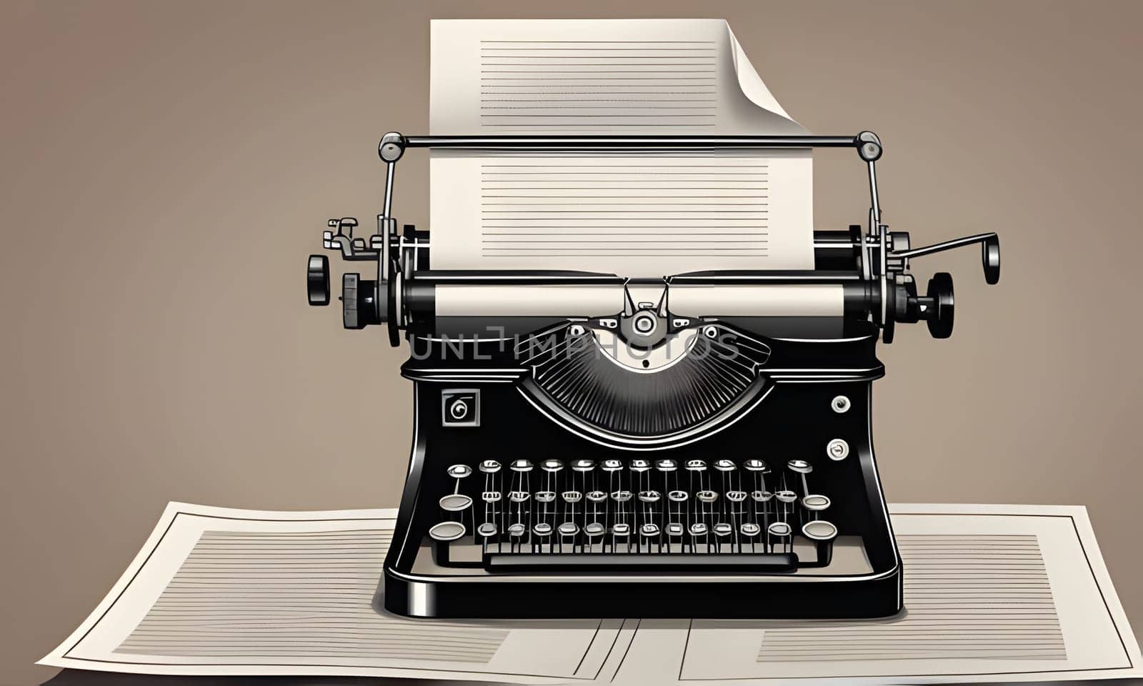 A classic, black typewriter sits on a desk with a sheet of blank paper resting beneath the roller. The typewriter's carriage is up, and the paper is ready to be filled with words.