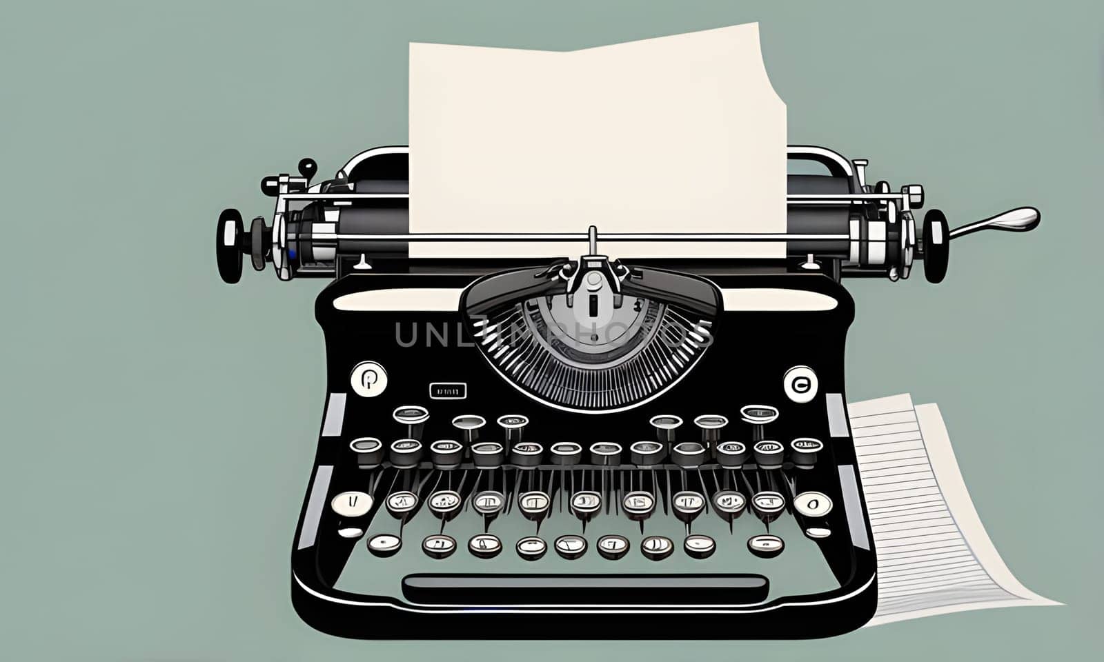 A classic black typewriter sits on a light green background, with a sheet of white paper in the carriage and a blank piece of lined paper sitting beside it. The typewriter is ready for use, inviting the viewer to write.