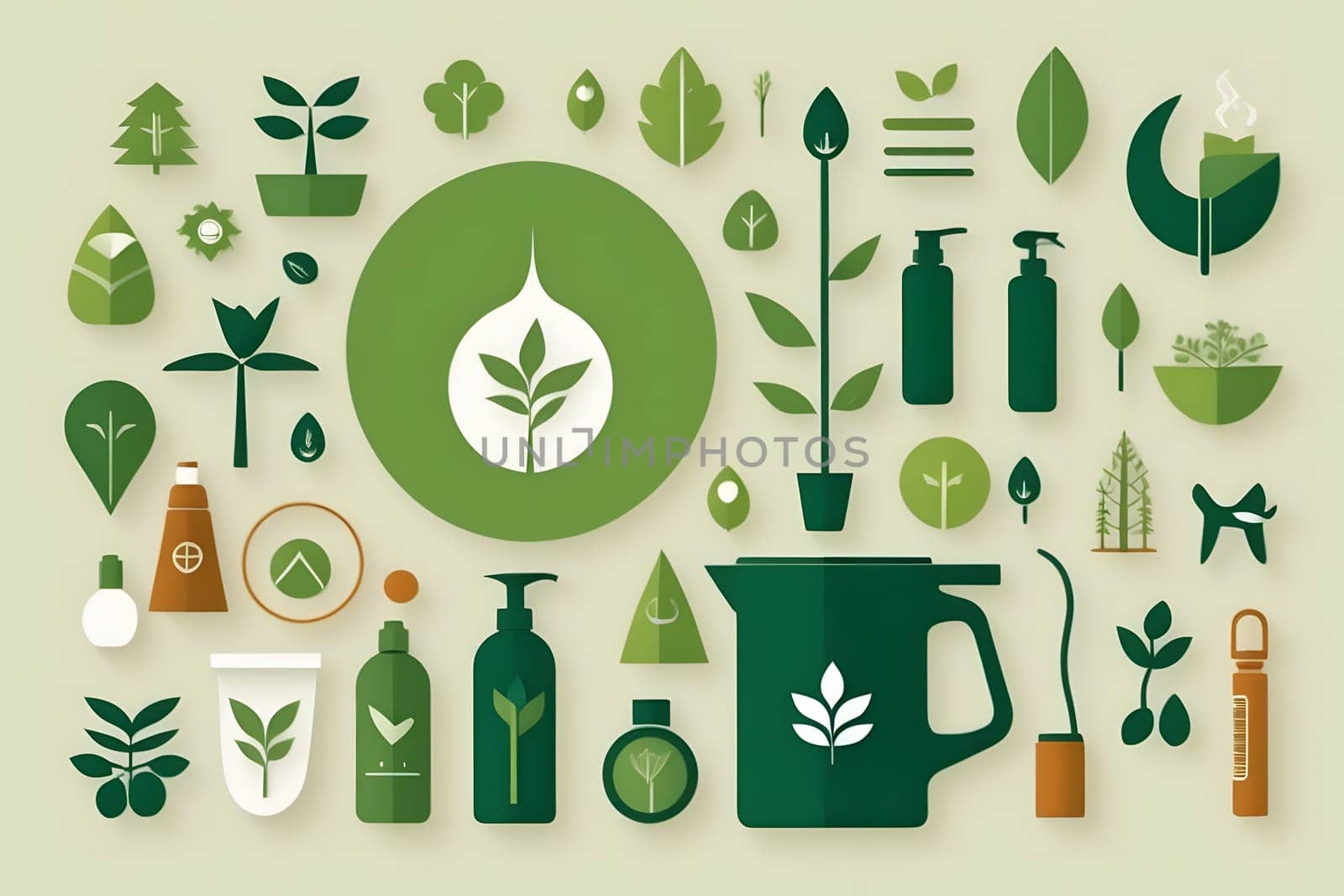 A collection of flat design icons featuring green leaves, plants, and other natural elements, ideal for representing eco-friendly, natural, or organic beauty and skincare products. The design incorporates a modern and minimalist style, with a focus on sustainability and the connection to nature.