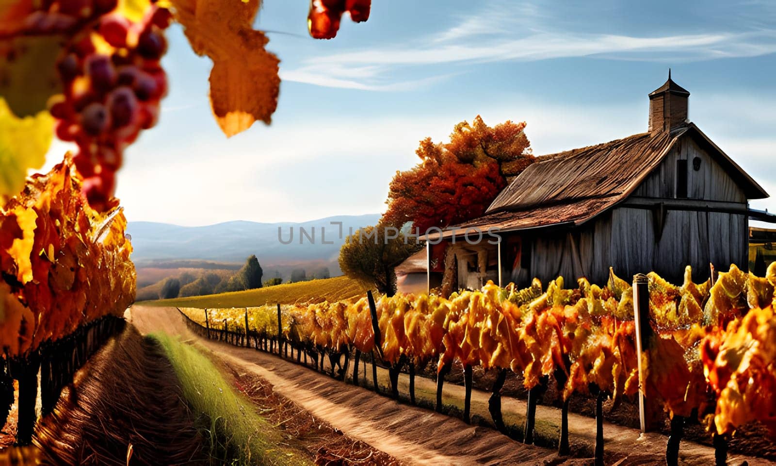A rustic farmhouse sits among a picturesque vineyard, surrounded by rows of grapevines with vibrant autumn foliage. The vineyard is bathed in warm sunlight, casting long shadows on the ground. The farmhouse has a wooden exterior and a sloping roof. It appears to be a small, quaint dwelling, perhaps used for storing wine or as a residence for the vineyard workers.