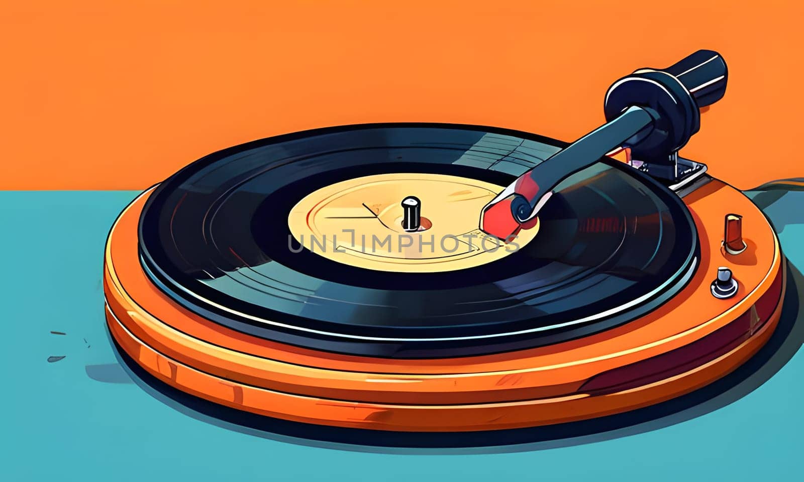 A vintage orange turntable with a black vinyl record playing on it. The needle is positioned on the record, and the turntable is on a blue and orange surface.