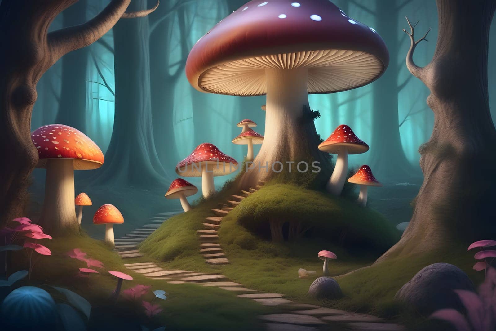 A winding stone path leads through a mystical forest filled with a variety of mushrooms, including a giant, red mushroom with a white stem and a large, domed cap. The path is surrounded by trees and foliage, and the forest floor is covered in moss. The atmosphere is magical and enchanting, suggesting a fairy tale setting.