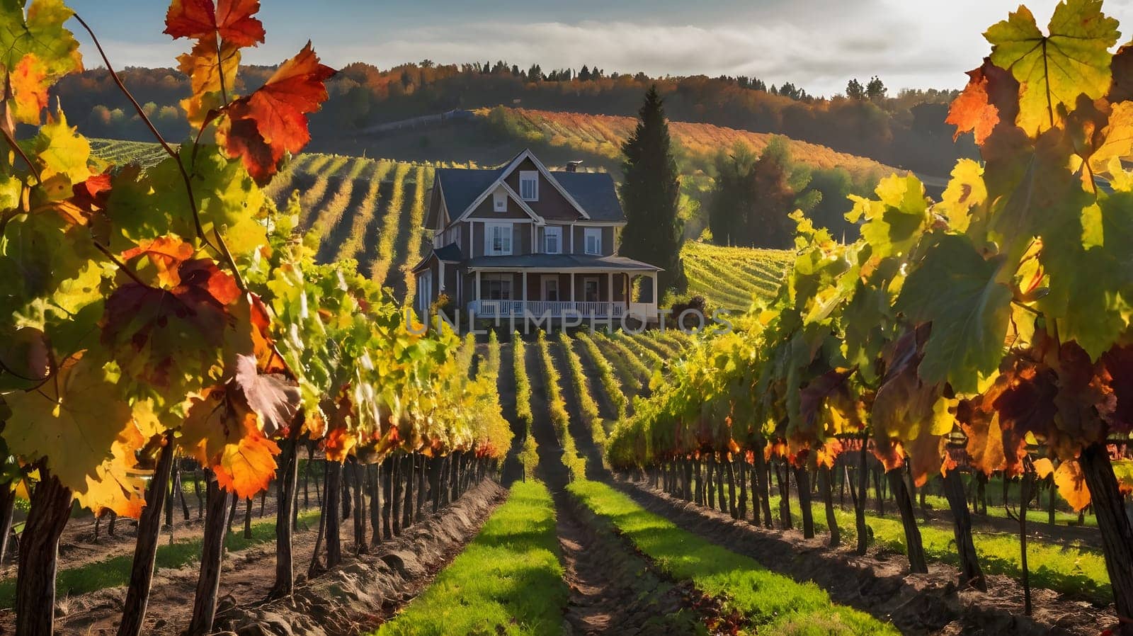 Rows of grapevines with autumnal leaves line a path leading to a farmhouse situated on a hillside, the surrounding landscape displaying a vibrant palette of fall colors.