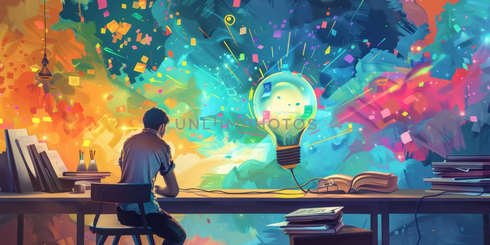 Young man is working at his desk when a bright idea hits him, symbolized by a lightbulb and an explosion of color