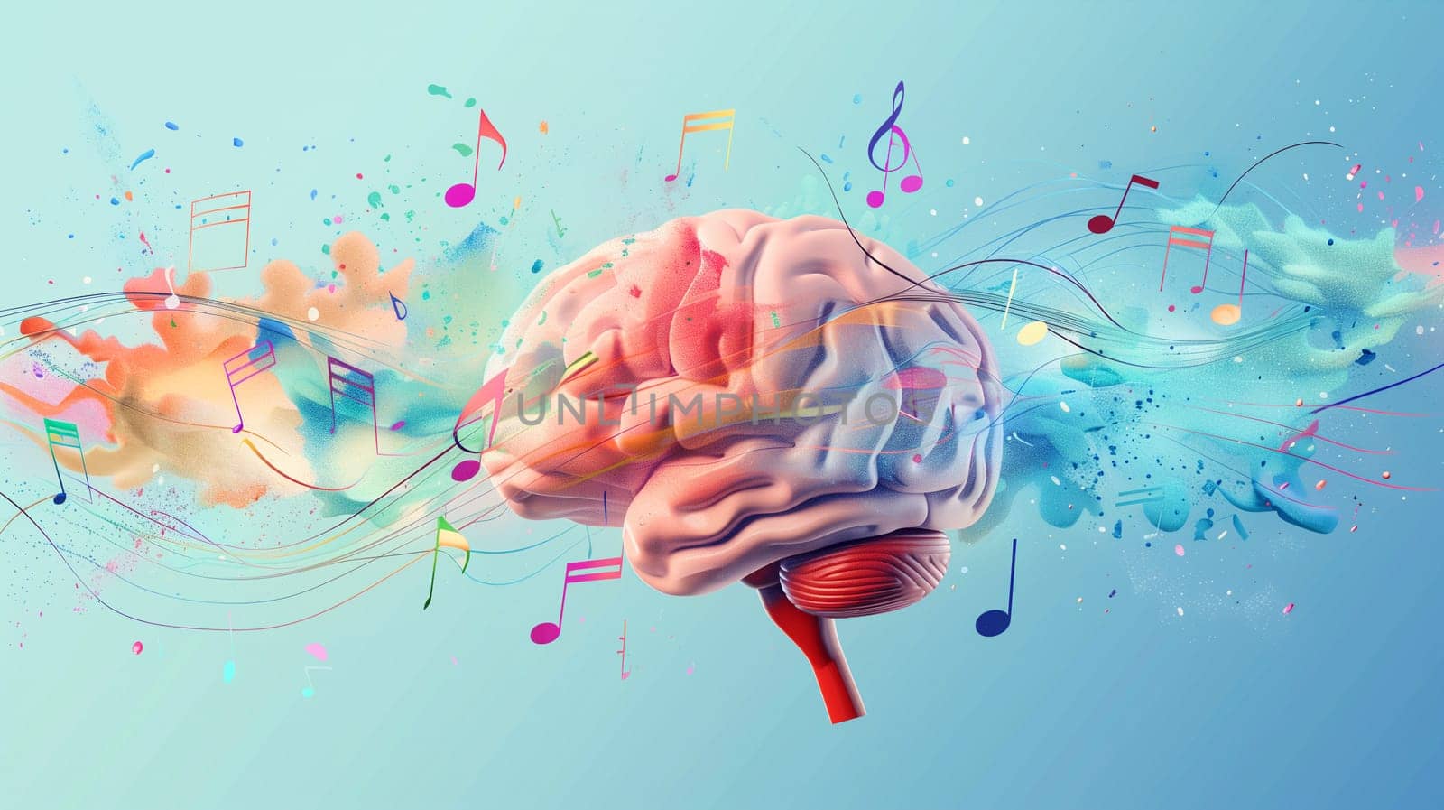 Human brain with vibrant melody wave and music notes, self care and mental health concept, positive thinking, creative mind