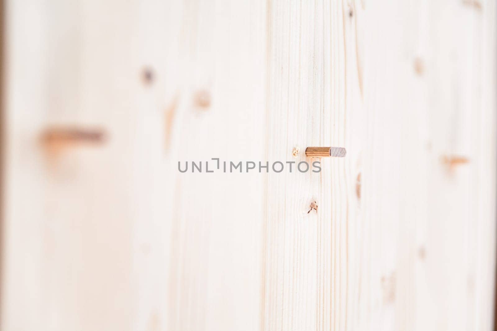 Close up of wooden dowel pins joining wood planks in a carpentry workshop. The shallow depth of field highlights the texture of the wood