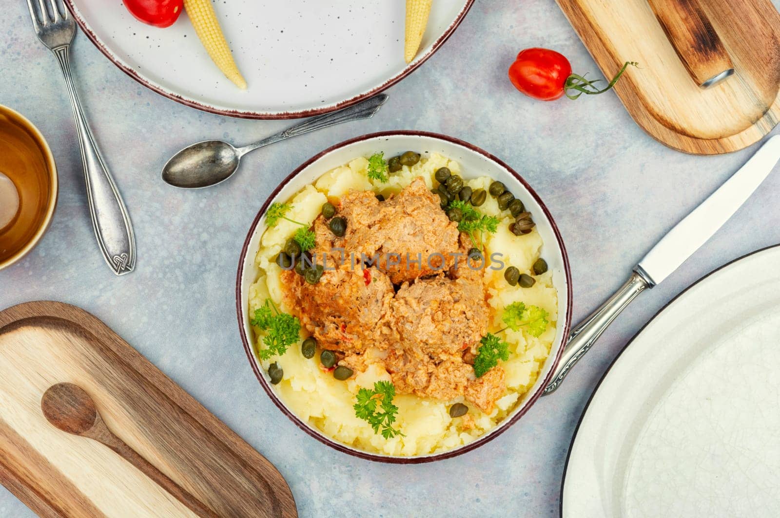 Dietary steam RICE meatballs and mashed potatoes on the plate. Space for text.