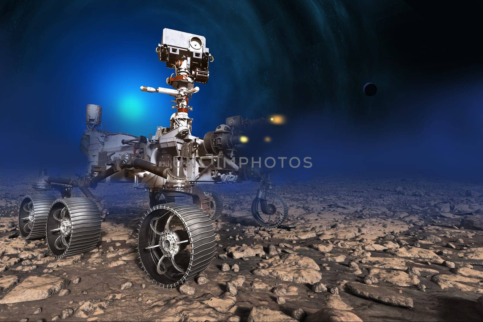 Space digital art, mars rover on mars surface. planet texture furnished by NASA,
