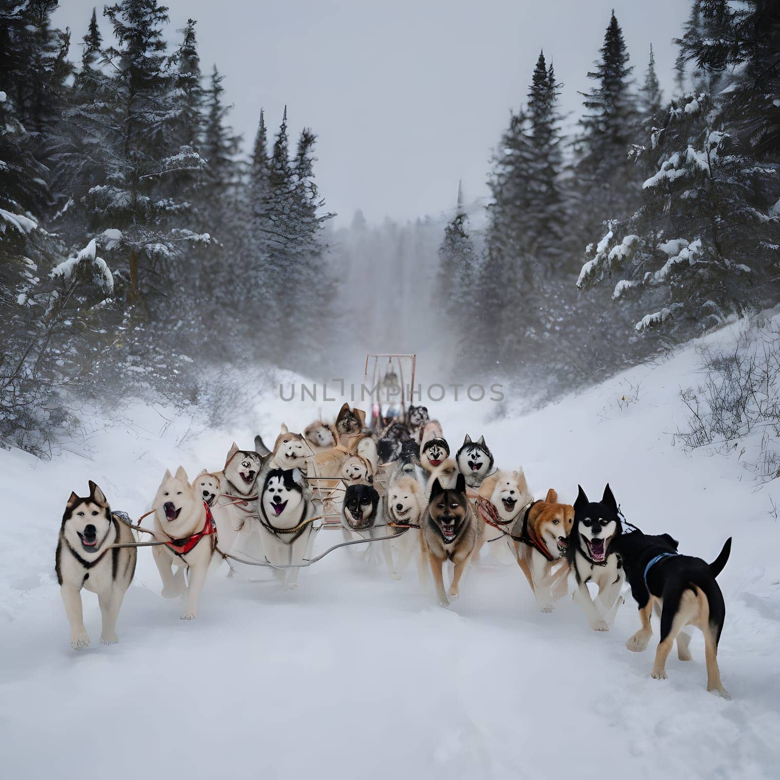 Dog team pulls a sleigh in the depths of Alaska