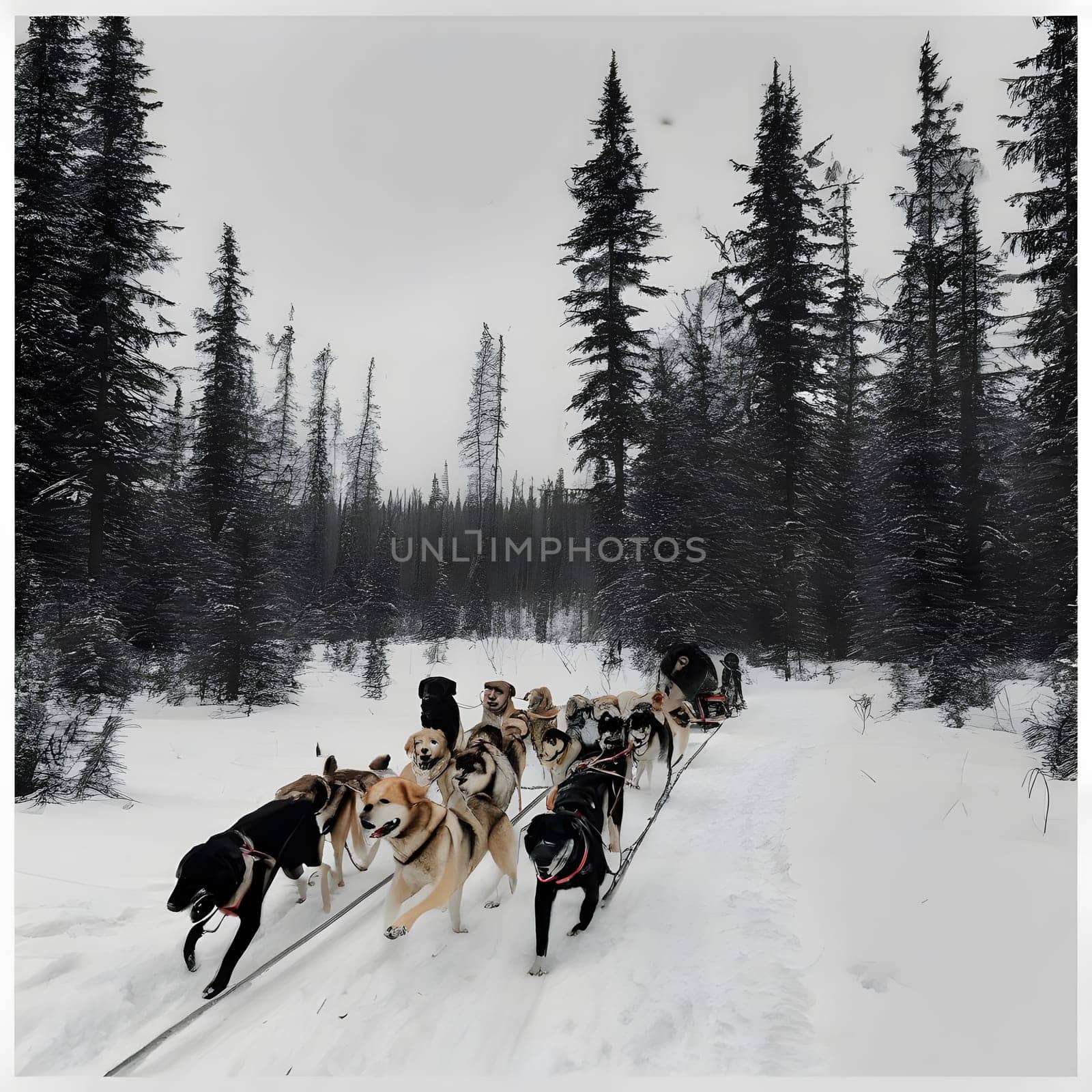 Dog team pulls a sleigh in the depths of Alaska