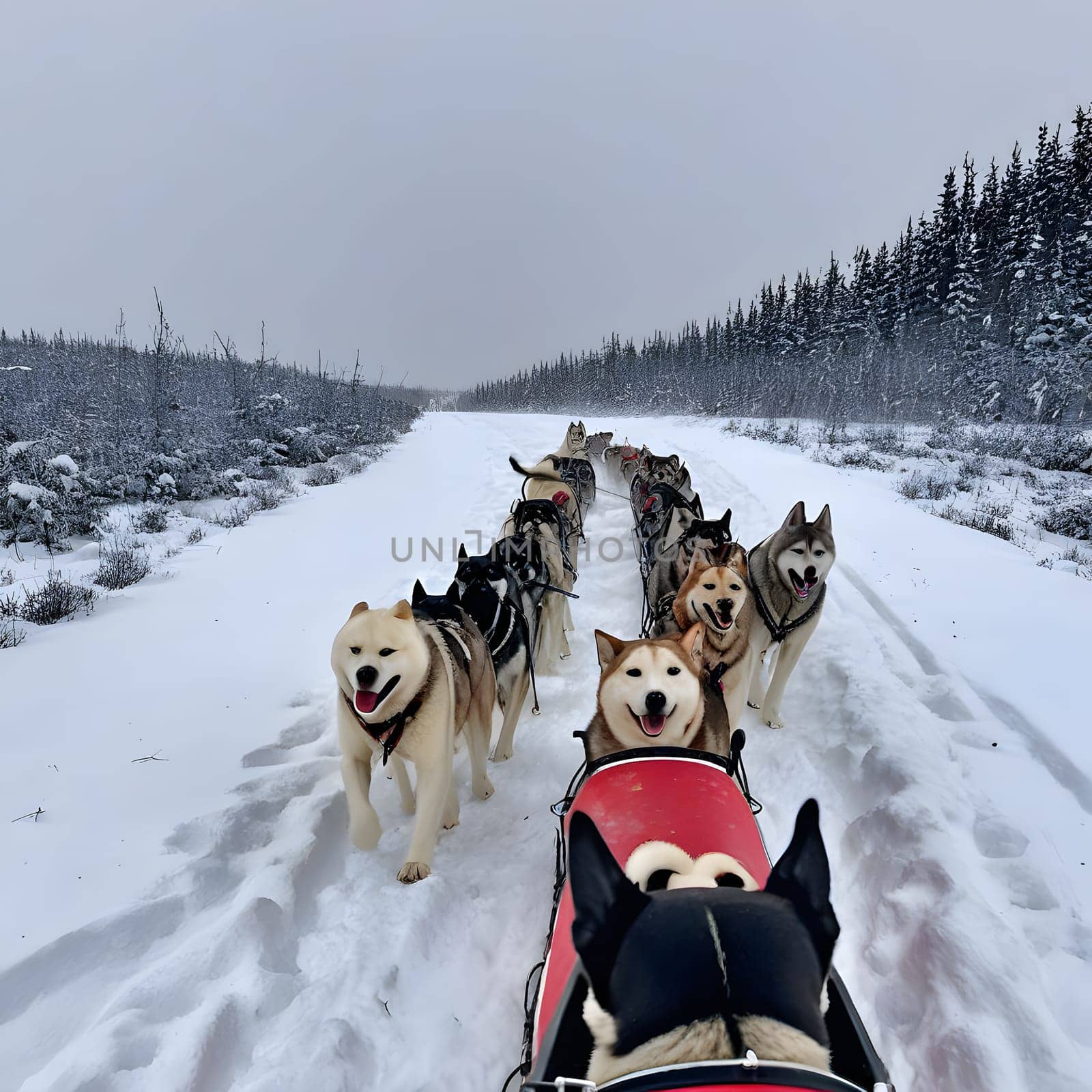 Dog team pulls a sleigh in the depths of Alaska