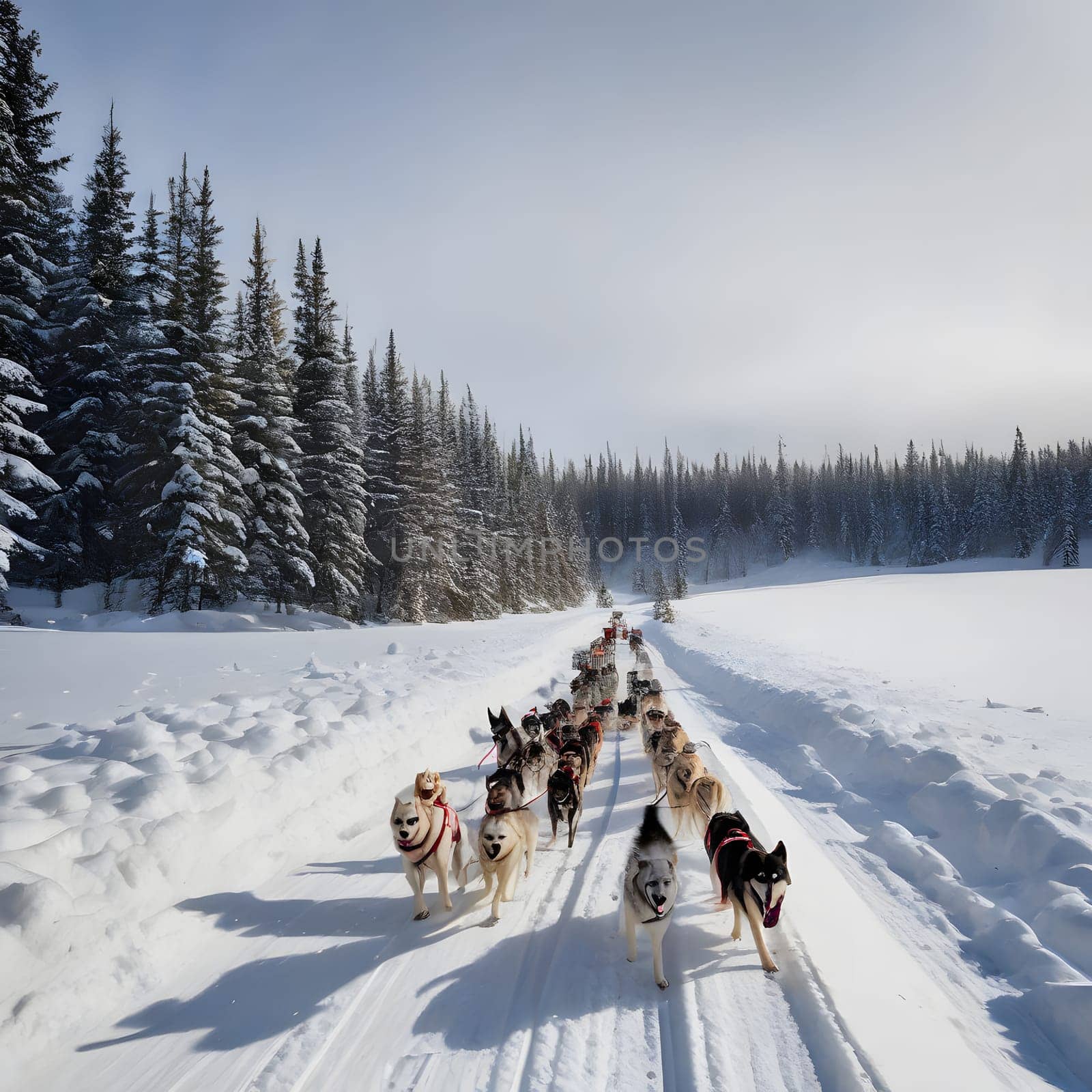 Dog team pulls a sleigh in the depths of Alaska