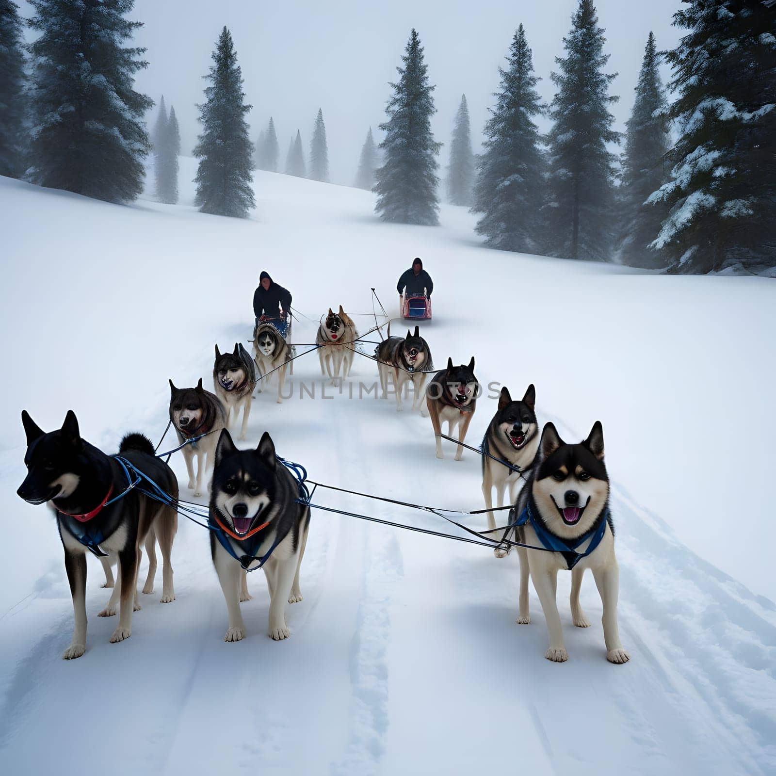 Dog team pulls a sleigh in the depths of Alaska