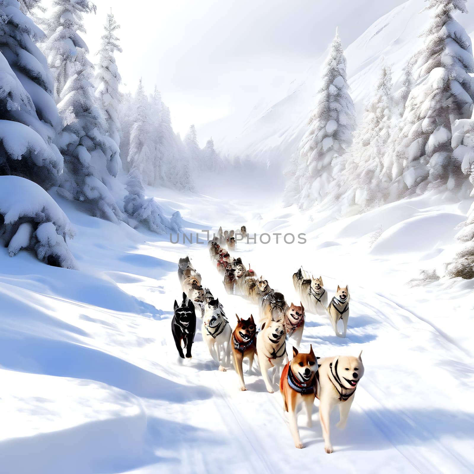 Dog team pulls a sleigh in the depths of Alaska
