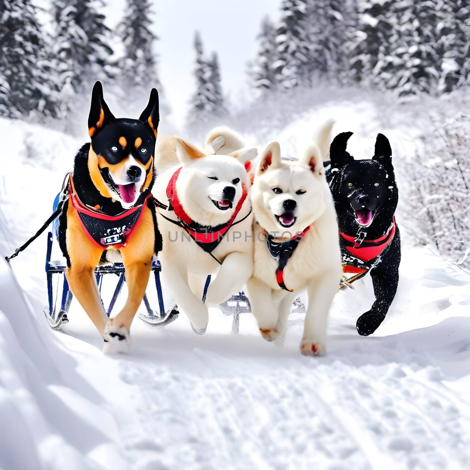 Dog team pulls a sleigh in the depths of Alaska