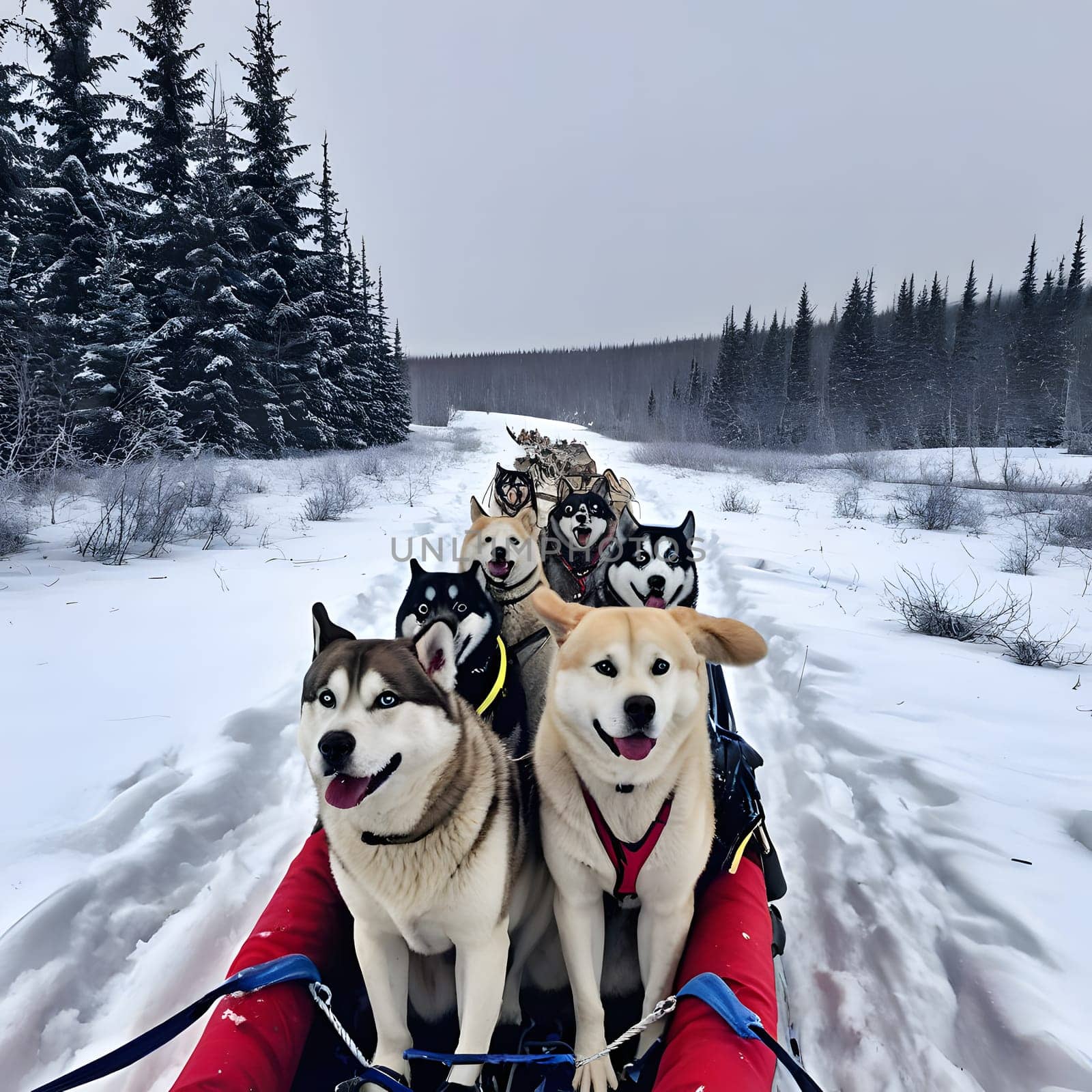 Dog team pulls a sleigh in the depths of Alaska