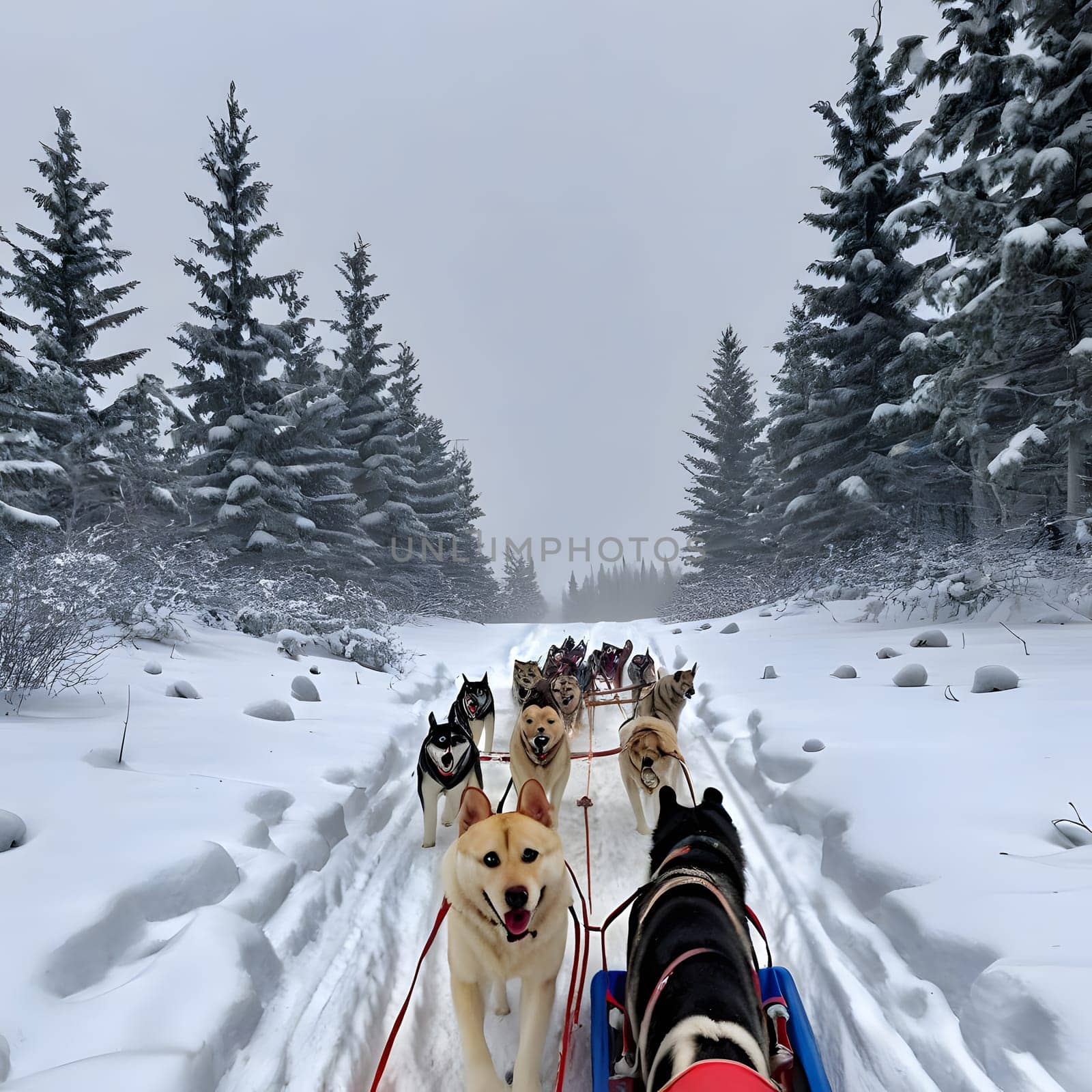 Dog team pulls a sleigh in the depths of Alaska