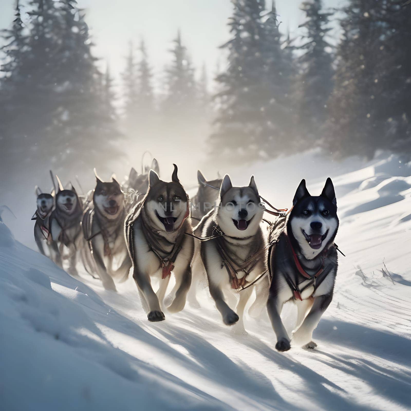 Dog team pulls a sleigh in the depths of Alaska