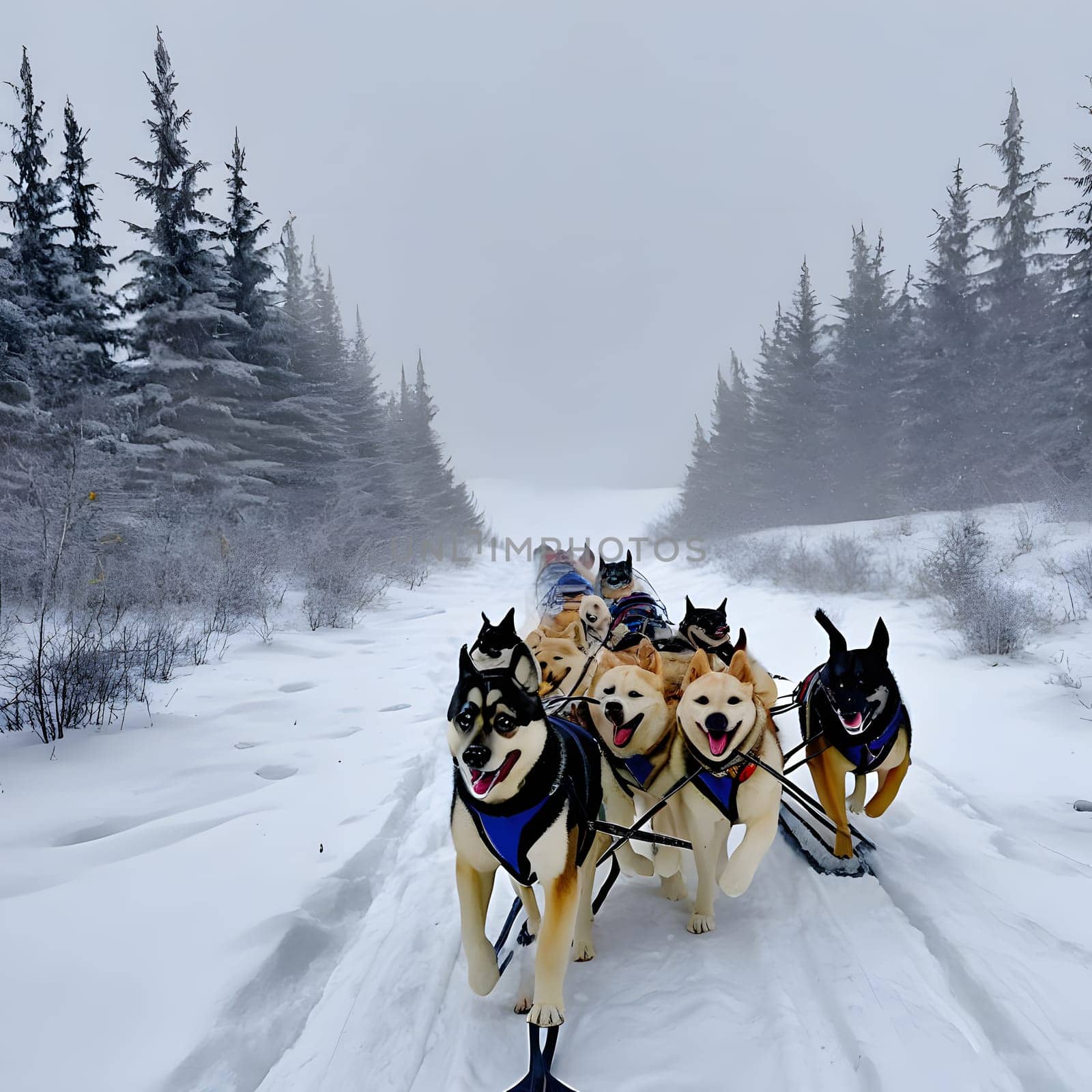 Dog team pulls a sleigh in the depths of Alaska