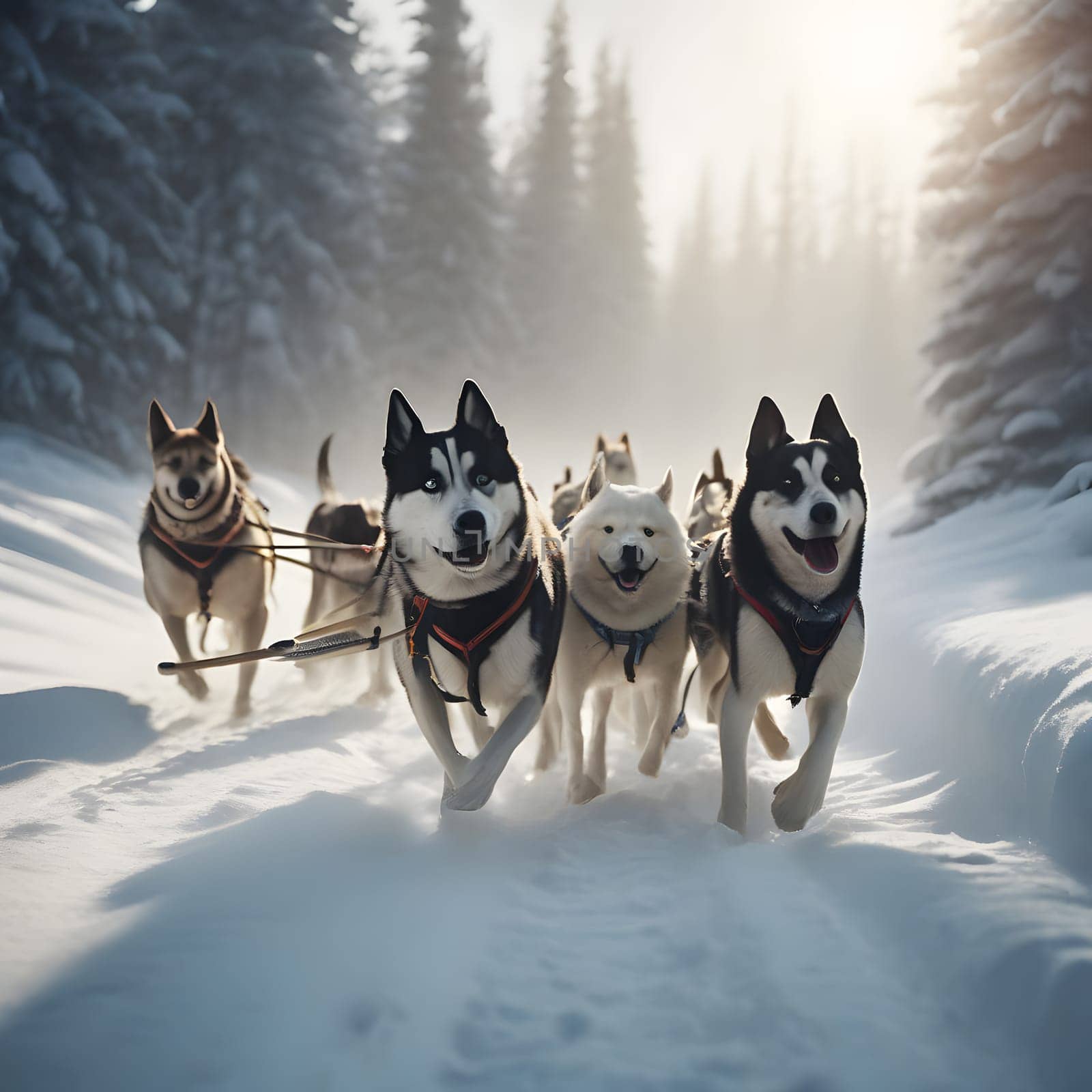 Dog team pulls a sleigh in the depths of Alaska