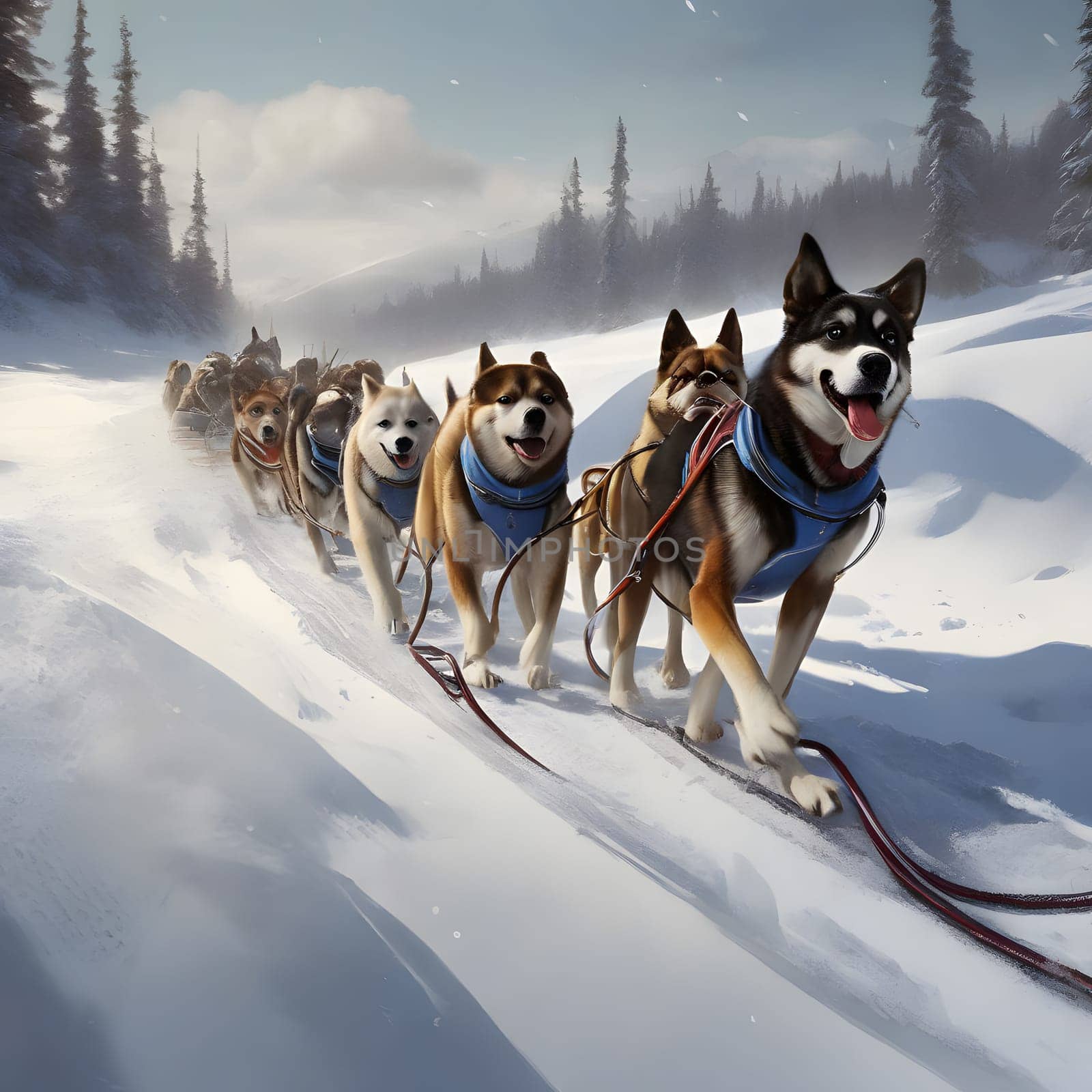Dog team pulls a sleigh in the depths of Alaska