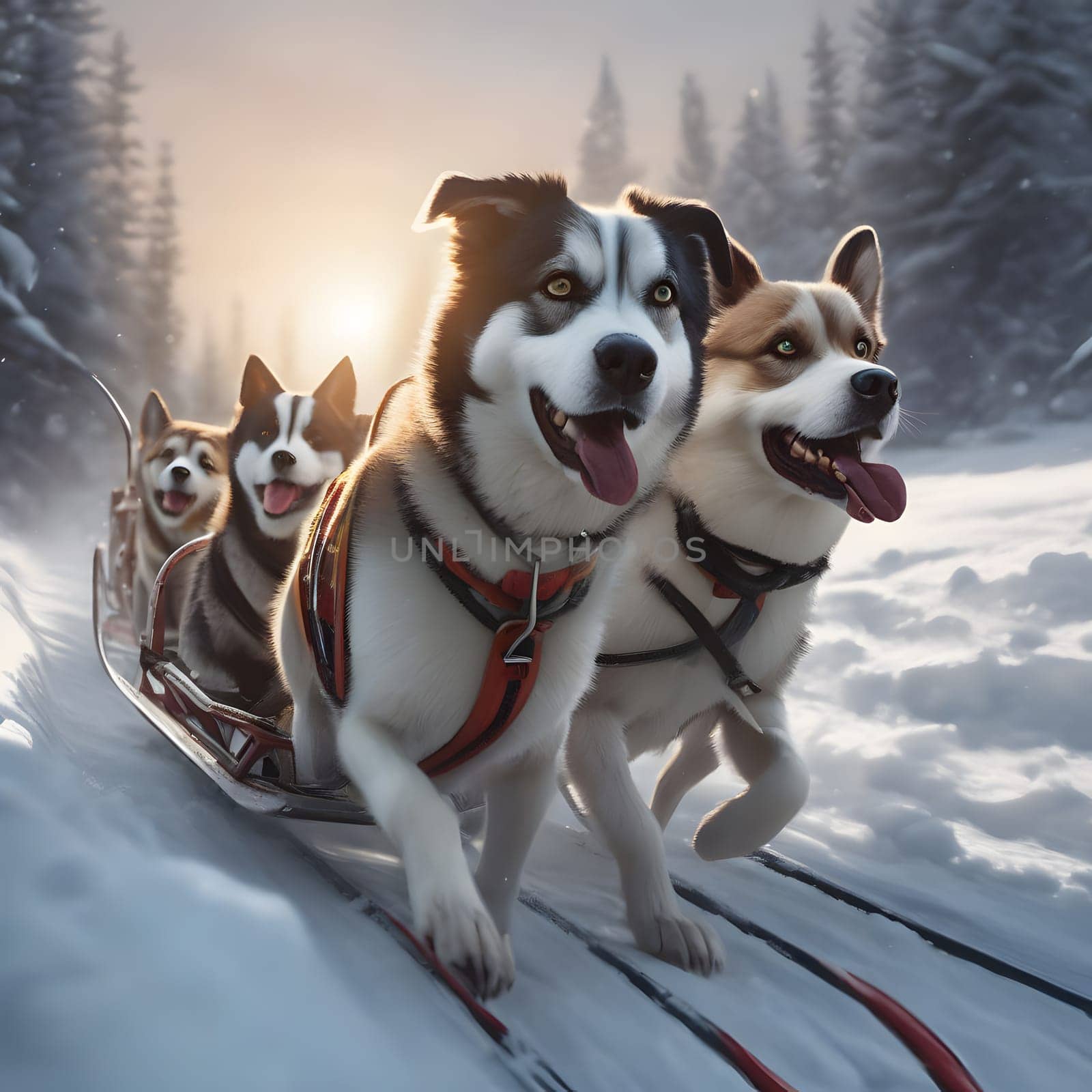 Dog team pulls a sleigh in the depths of Alaska