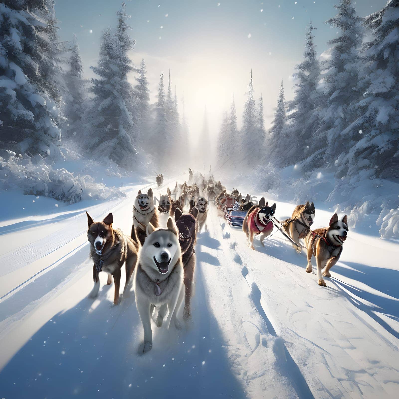 Dog team pulls a sleigh in the depths of Alaska