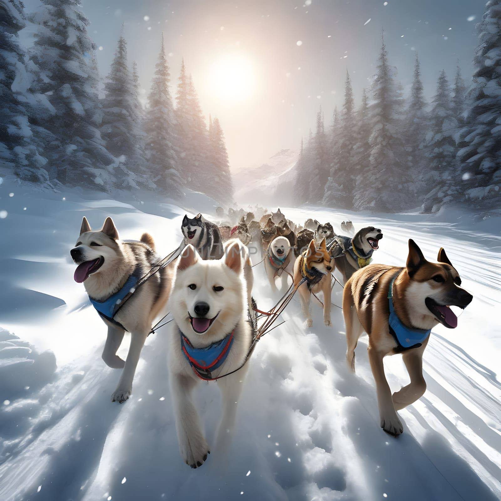 Dog team pulls a sleigh in the depths of Alaska