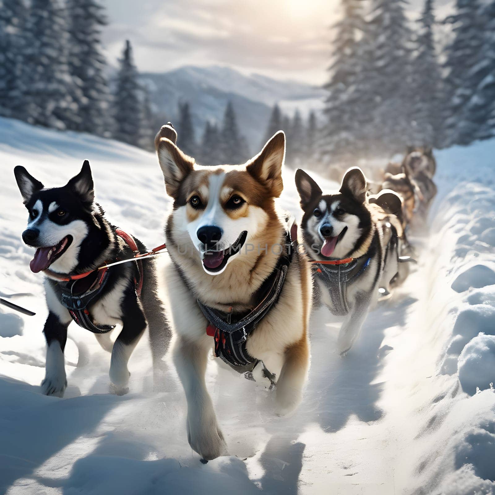 Dog team pulls a sleigh in the depths of Alaska