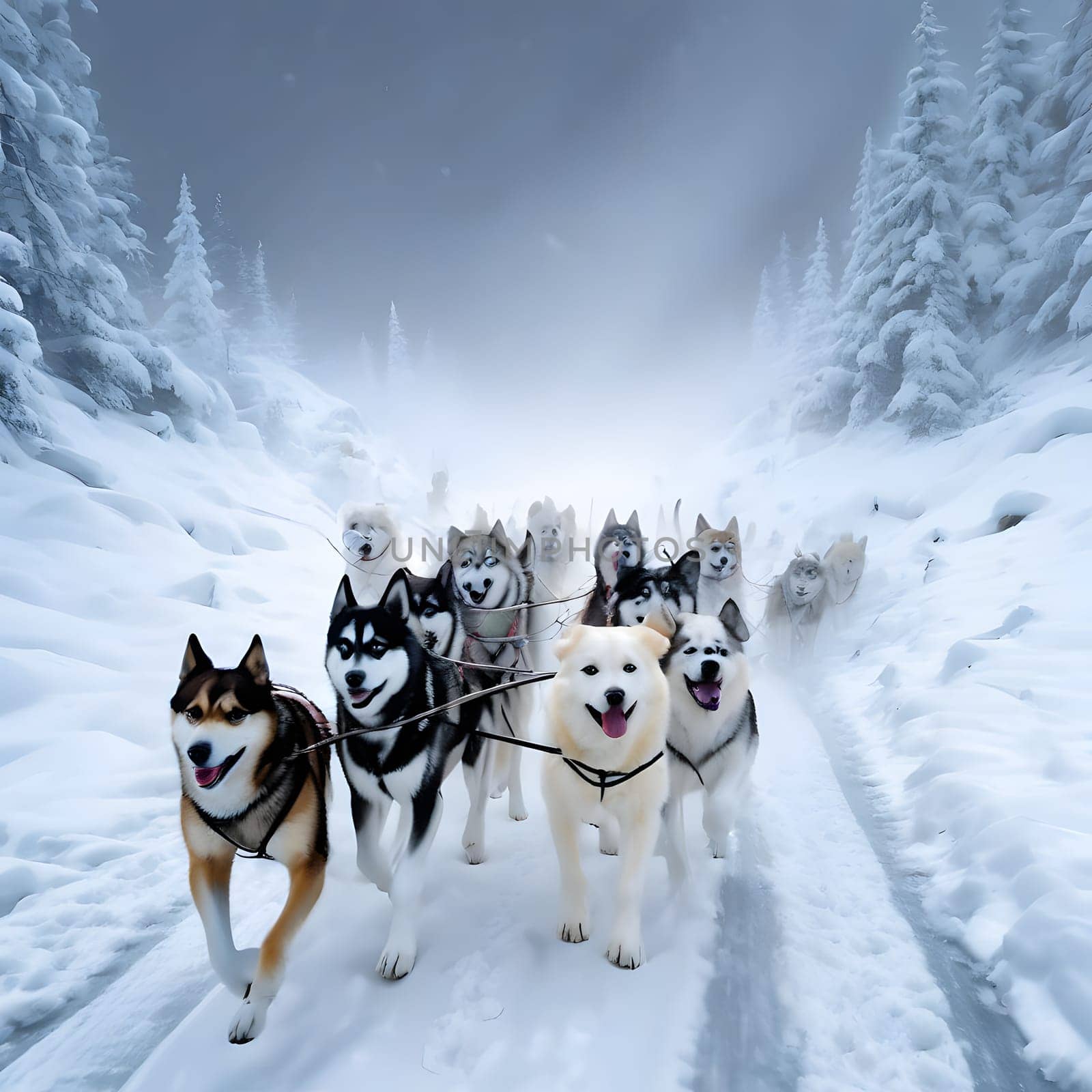 Dog team pulls a sleigh in the depths of Alaska