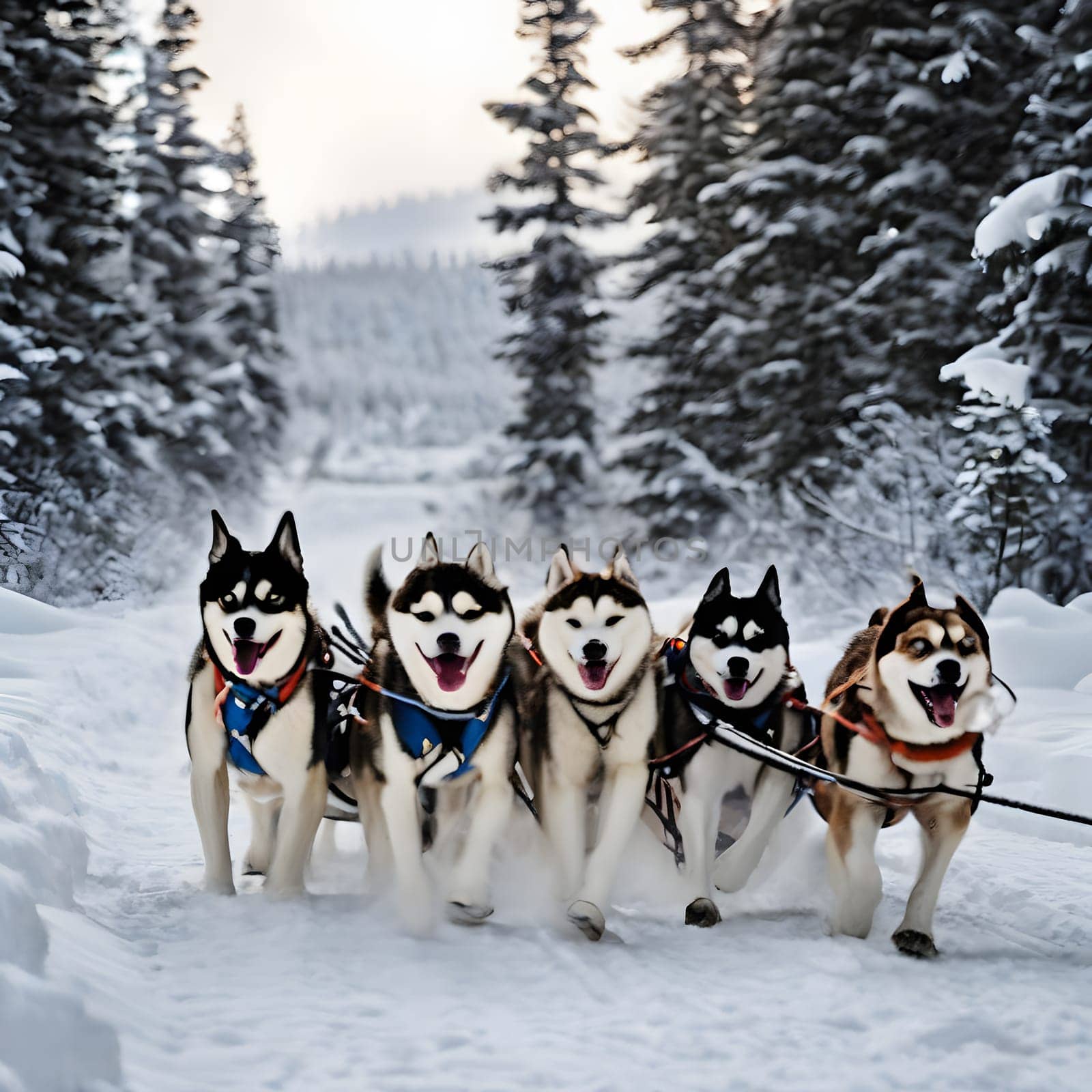 Dog team pulls a sleigh in the depths of Alaska