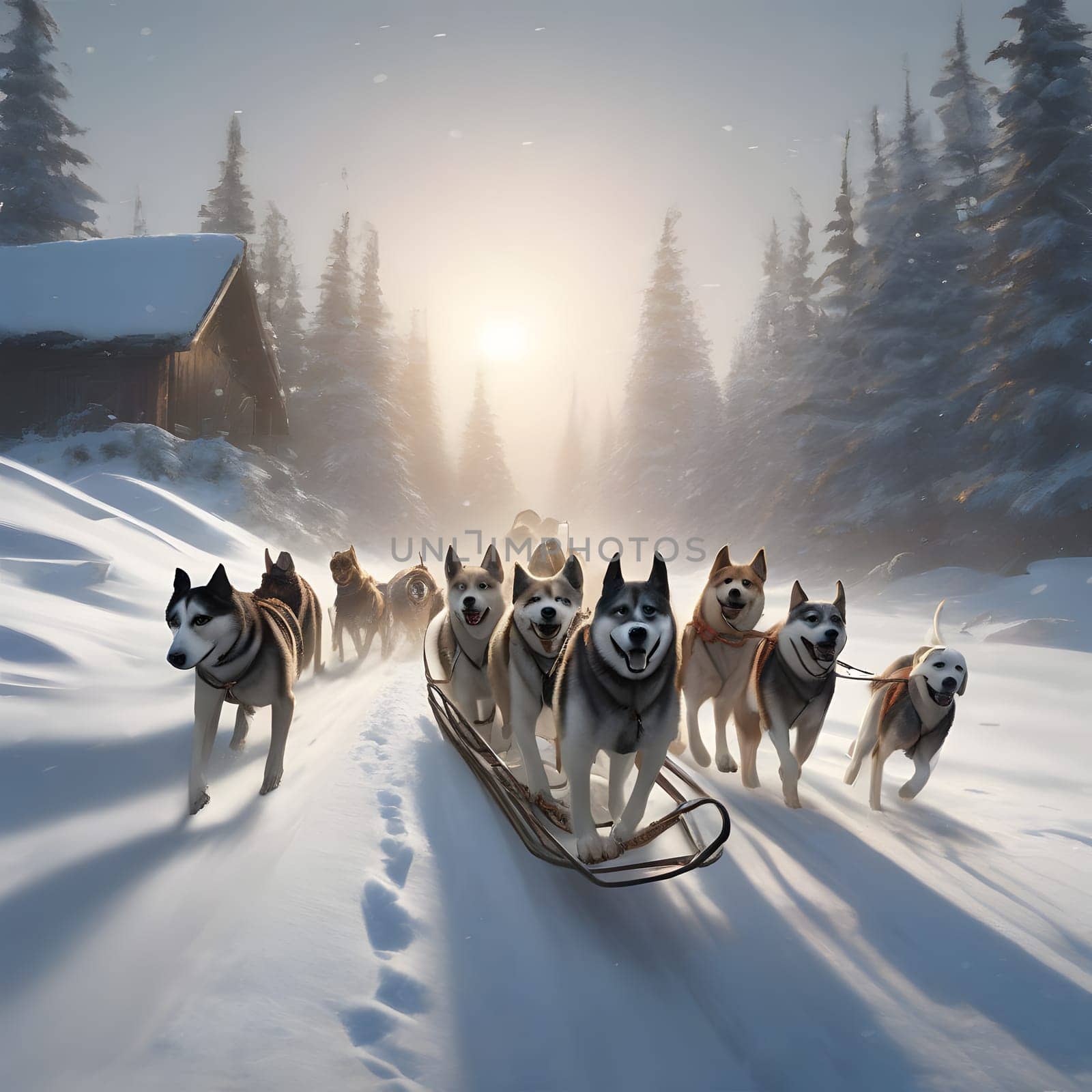 Dog team pulls a sleigh in the depths of Alaska