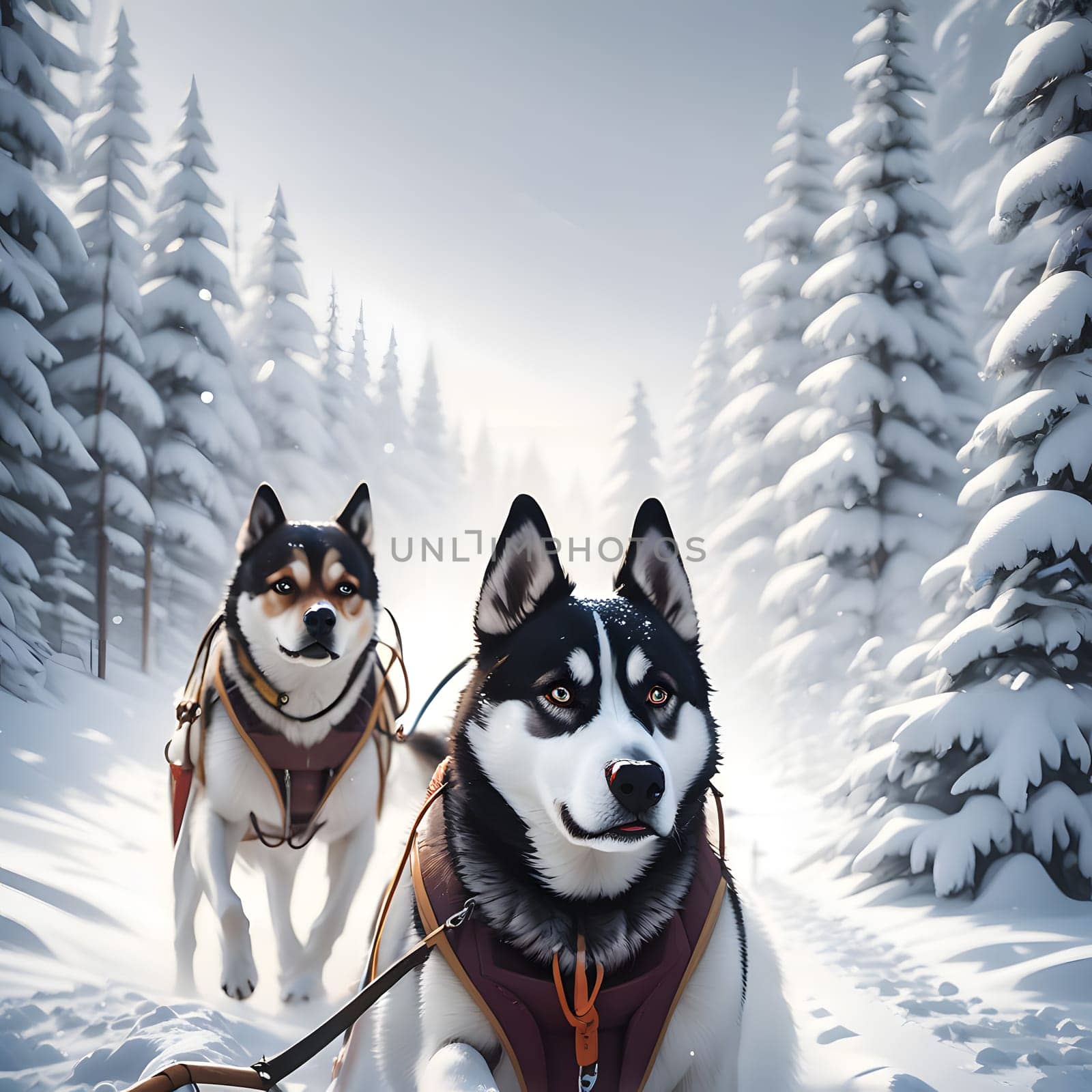 Dog team pulls a sleigh in the depths of Alaska